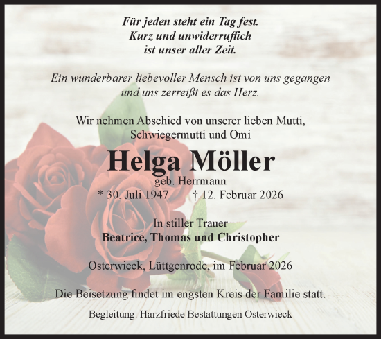 Traueranzeige von Helga Möller von Volksstimme Halberstadt