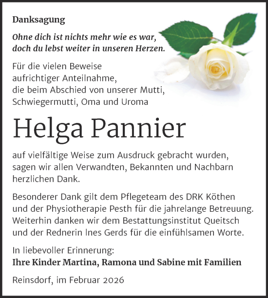 Traueranzeige von Helga Pannier von Trauerkombi Köthen