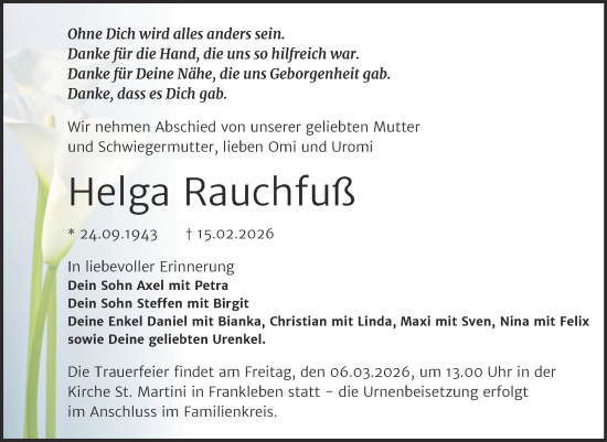 Traueranzeige von Helga Rauchfuß von Trauerkombi Merseburg