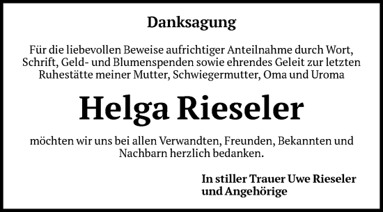 Traueranzeige von Helga Rieseler von Volksstimme Magdeburg