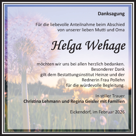 Traueranzeige von Helga Wehage von Volksstimme Schönebeck