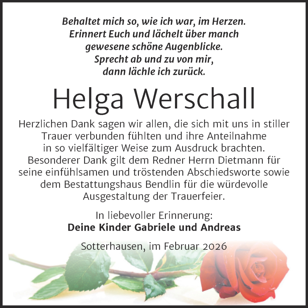  Traueranzeige für Helga Werschall vom 14.02.2026 aus Trauerkombi Sangerhausen