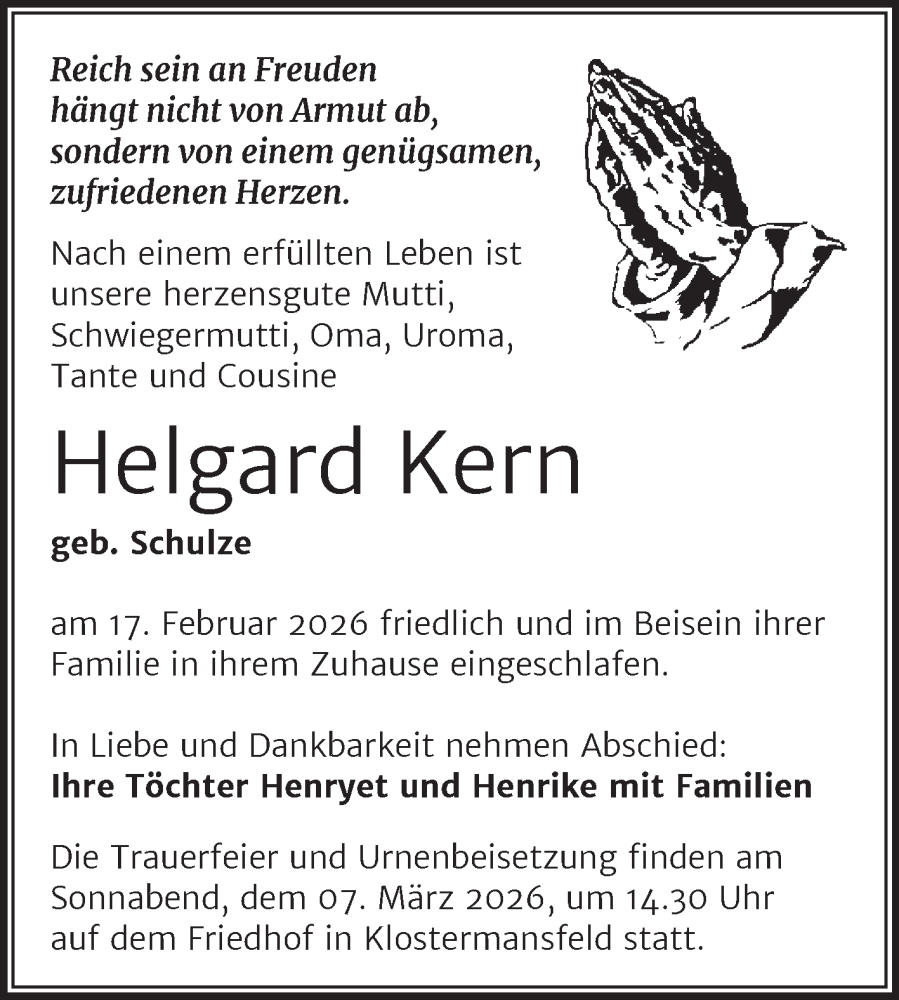  Traueranzeige für Helgard Kern vom 21.02.2026 aus Trauerkombi Mansfelder Land