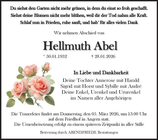Traueranzeige von Hellmuth Abel von Volksstimme Haldensleben/Wolmirstedt
