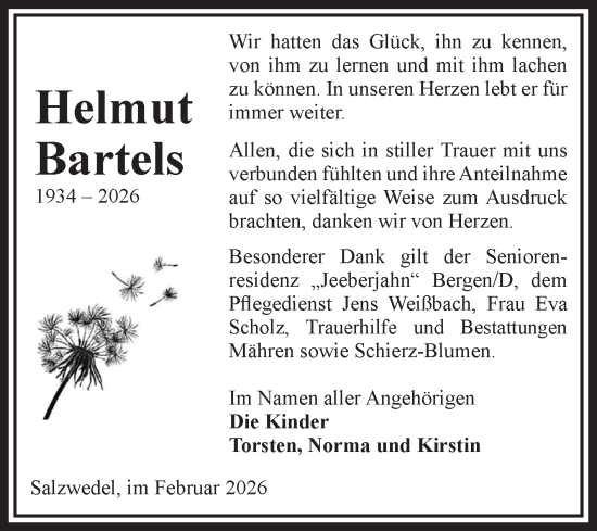 Traueranzeige von Helmut Bartels von Volksstimme Altmark West