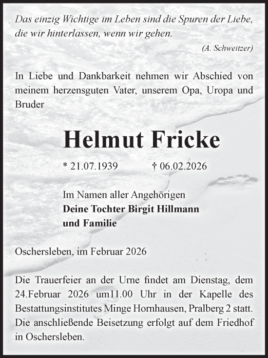 Traueranzeige von Helmut Fricke von Volksstimme Oschersleben/Wanzleben