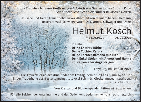Traueranzeige von Helmut Kosch von Super Sonntag Naumburg/Nebra