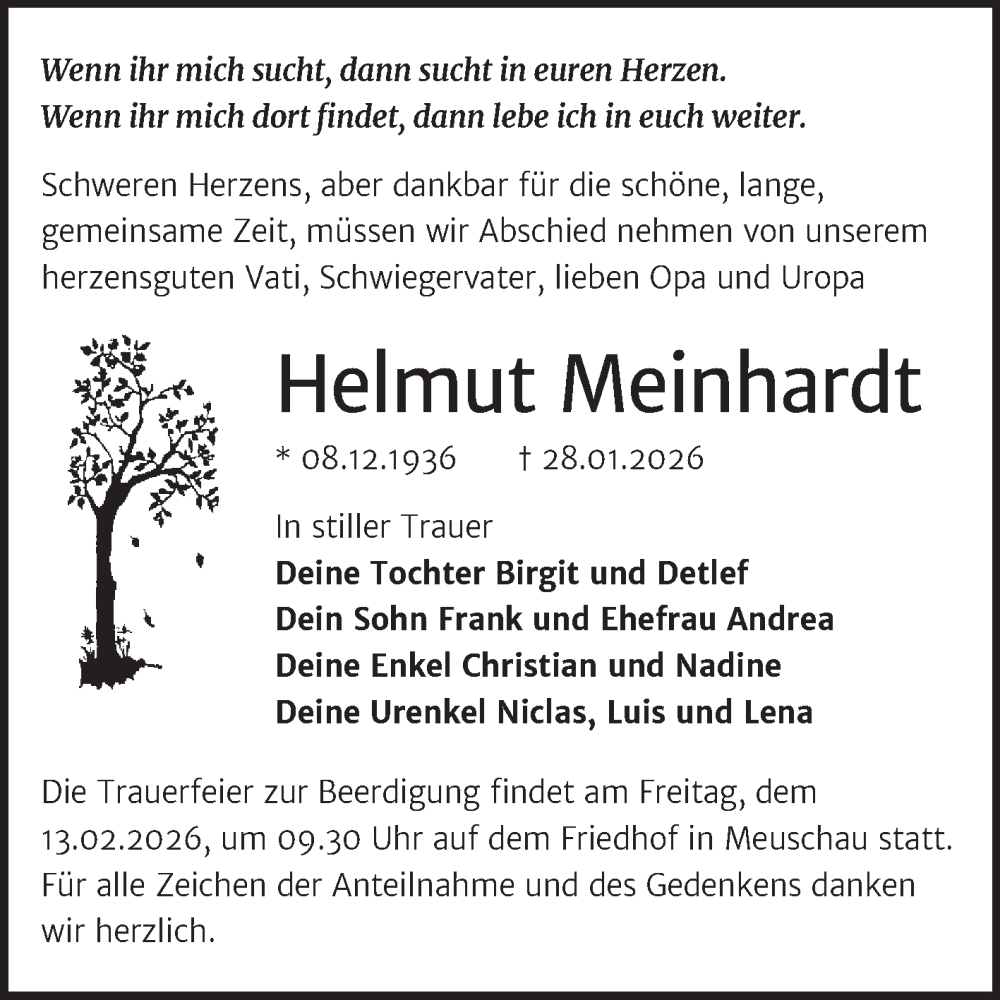  Traueranzeige für Helmut Meinhardt vom 07.02.2026 aus Trauerkombi Merseburg