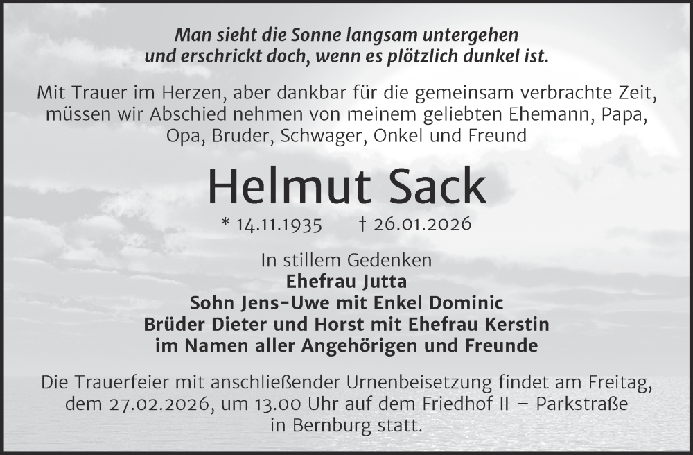  Traueranzeige für Helmut Sack vom 07.02.2026 aus Trauerkombi Bernburg