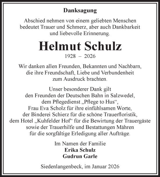 Traueranzeige von Helmut Schulz von Volksstimme Altmark West
