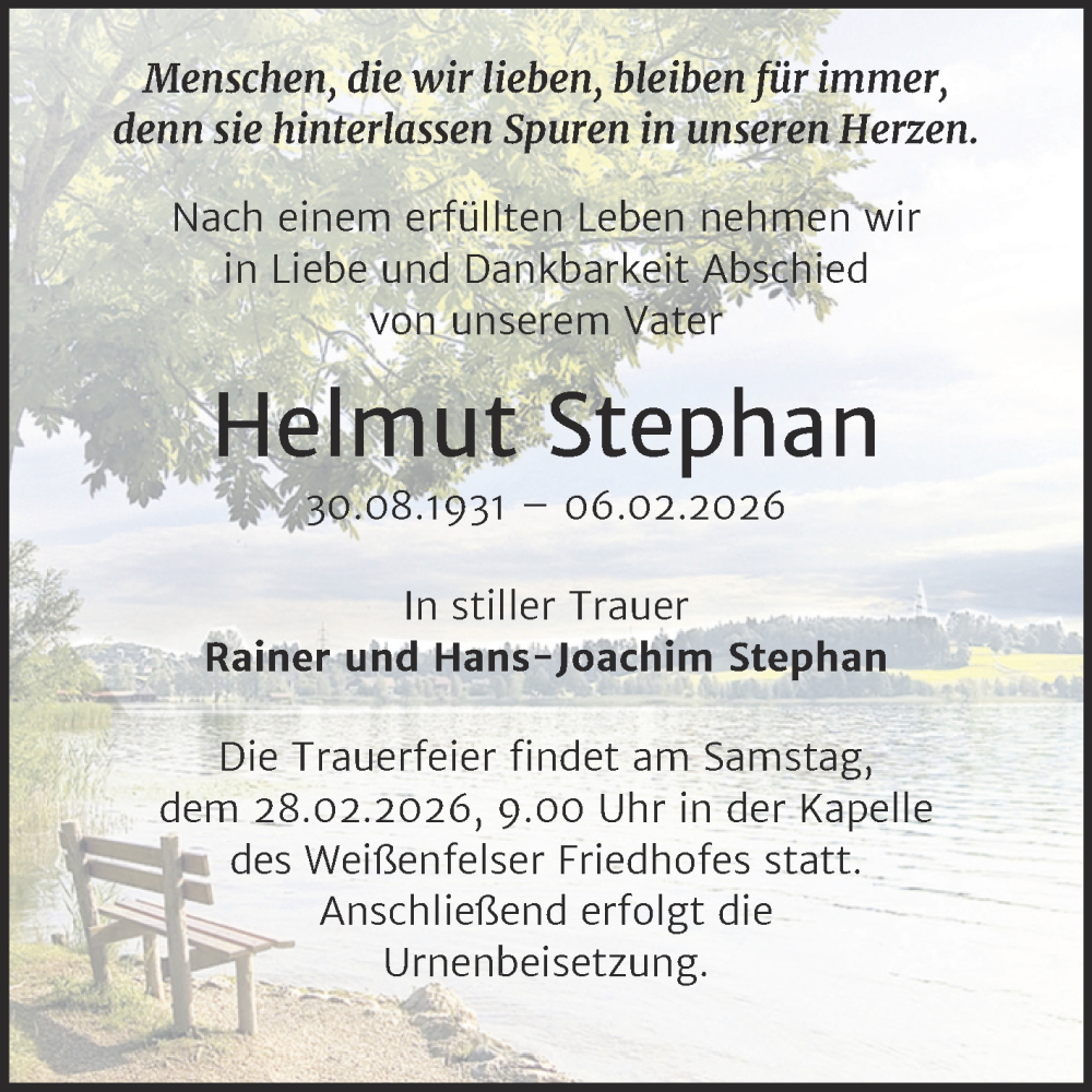  Traueranzeige für Helmut Stephan vom 14.02.2026 aus Trauerkombi Weißenfels