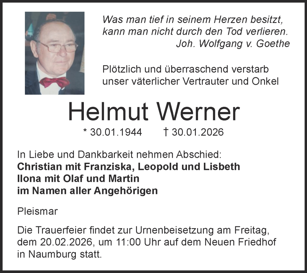  Traueranzeige für Helmut Werner vom 14.02.2026 aus Naumburger Tageblatt