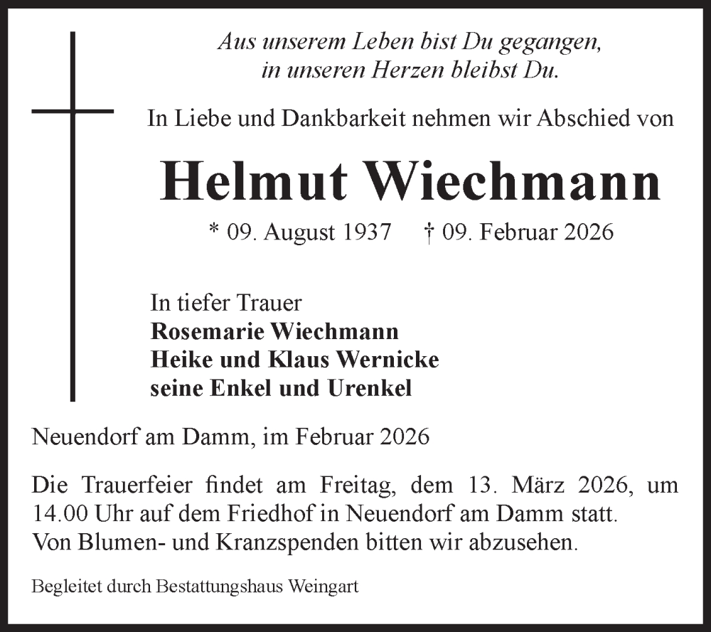  Traueranzeige für Helmut Wiechmann vom 20.02.2026 aus Volksstimme Altmark West