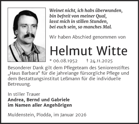 Traueranzeige von Helmut Witte von Trauerkombi Bitterfeld