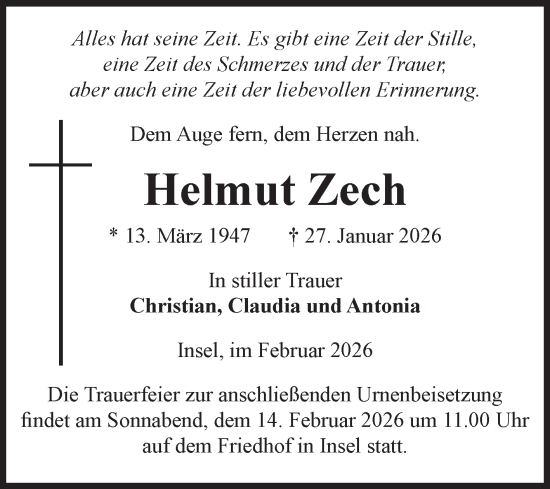 Traueranzeige von Helmut Zech von Volksstimme Altmark Ost