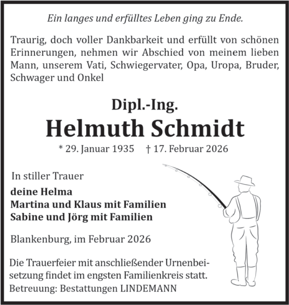  Traueranzeige für Helmuth Schmidt vom 21.02.2026 aus Volksstimme Wernigerode