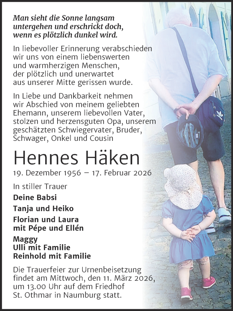  Traueranzeige für Hennes Häken vom 28.02.2026 aus Super Sonntag Naumburg/Nebra
