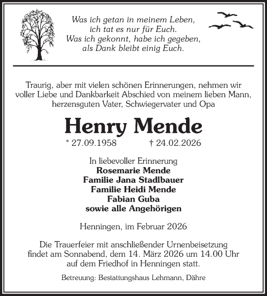 Traueranzeige von Henry Mende von Volksstimme Altmark West
