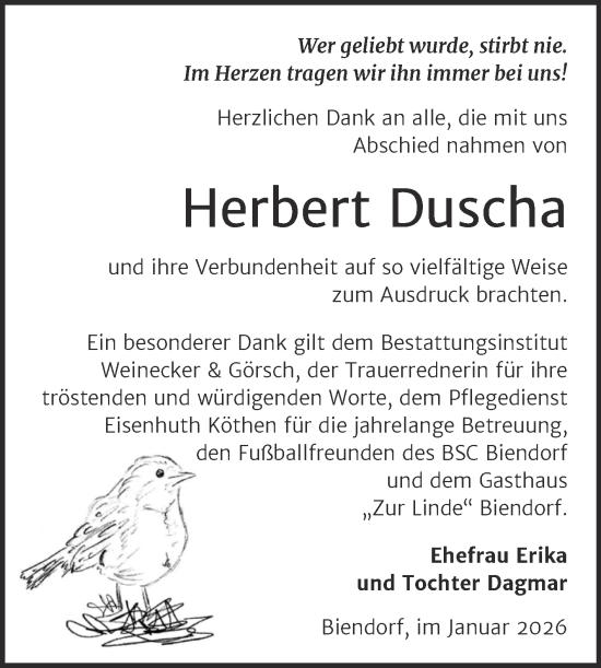 Traueranzeige von Herbert Duscha von Trauerkombi Bernburg