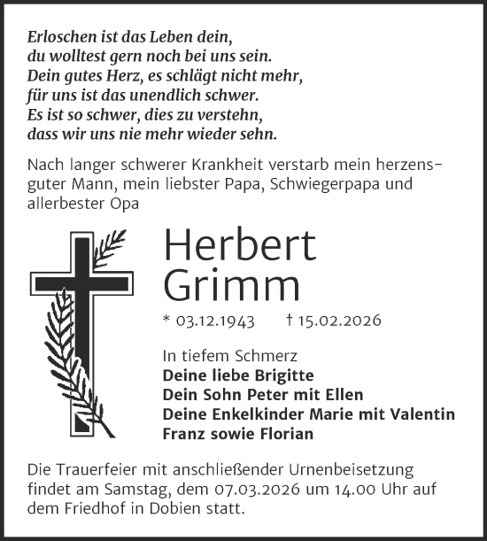Traueranzeige von Herbert Grimm von Trauerkombi Wittenberg