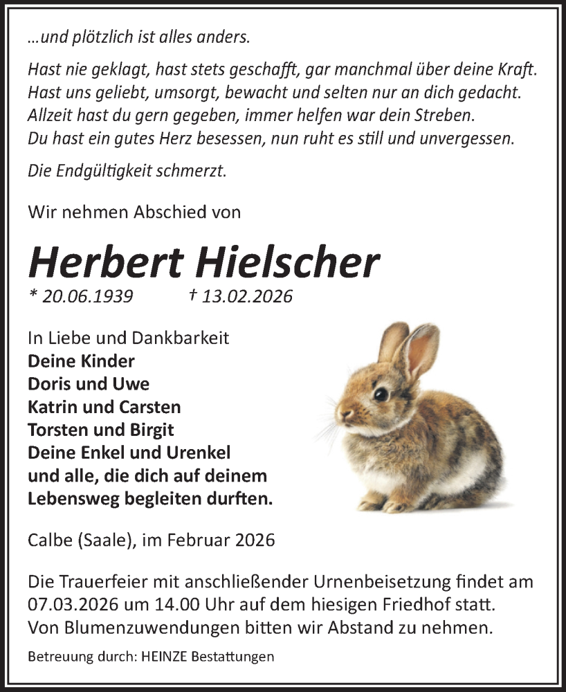  Traueranzeige für Herbert Hielscher vom 28.02.2026 aus Volksstimme Schönebeck