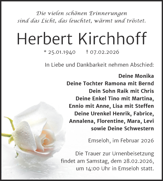 Traueranzeige von Herbert Kirchhoff von Trauerkombi Sangerhausen