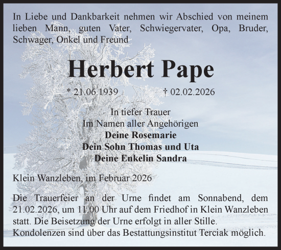 Traueranzeige von Herbert Pape von Volksstimme Oschersleben/Wanzleben