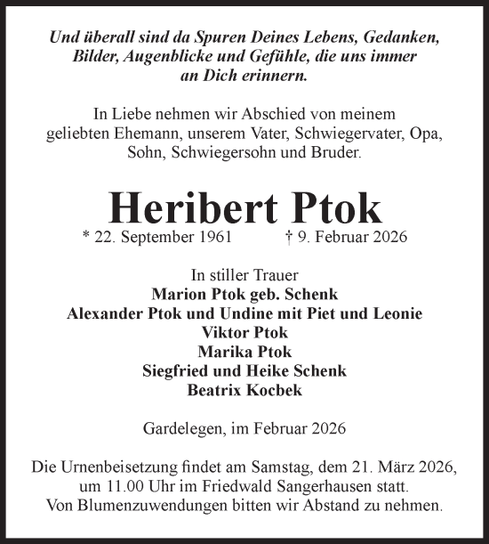 Traueranzeige von Heribert Ptok von Volksstimme Altmark West