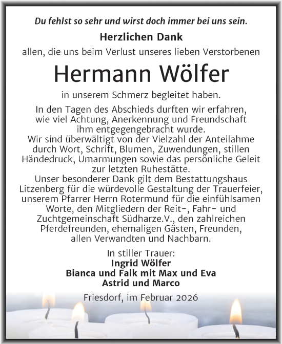 Traueranzeige von Hermann Wölfer von Trauerkombi Mansfelder Land