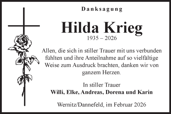 Traueranzeige von Hilda Krieg von Volksstimme Altmark West