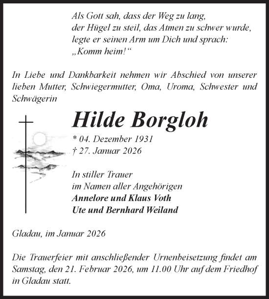 Traueranzeige von Hilde Borgloh von Volksstimme Burg/Genthin