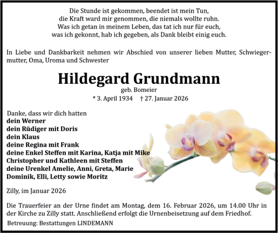 Traueranzeige von Hildegard Grundmann von Volksstimme Halberstadt