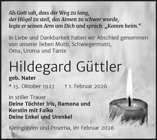 Traueranzeige von Hildegard Güttler von Trauerkombi Weißenfels