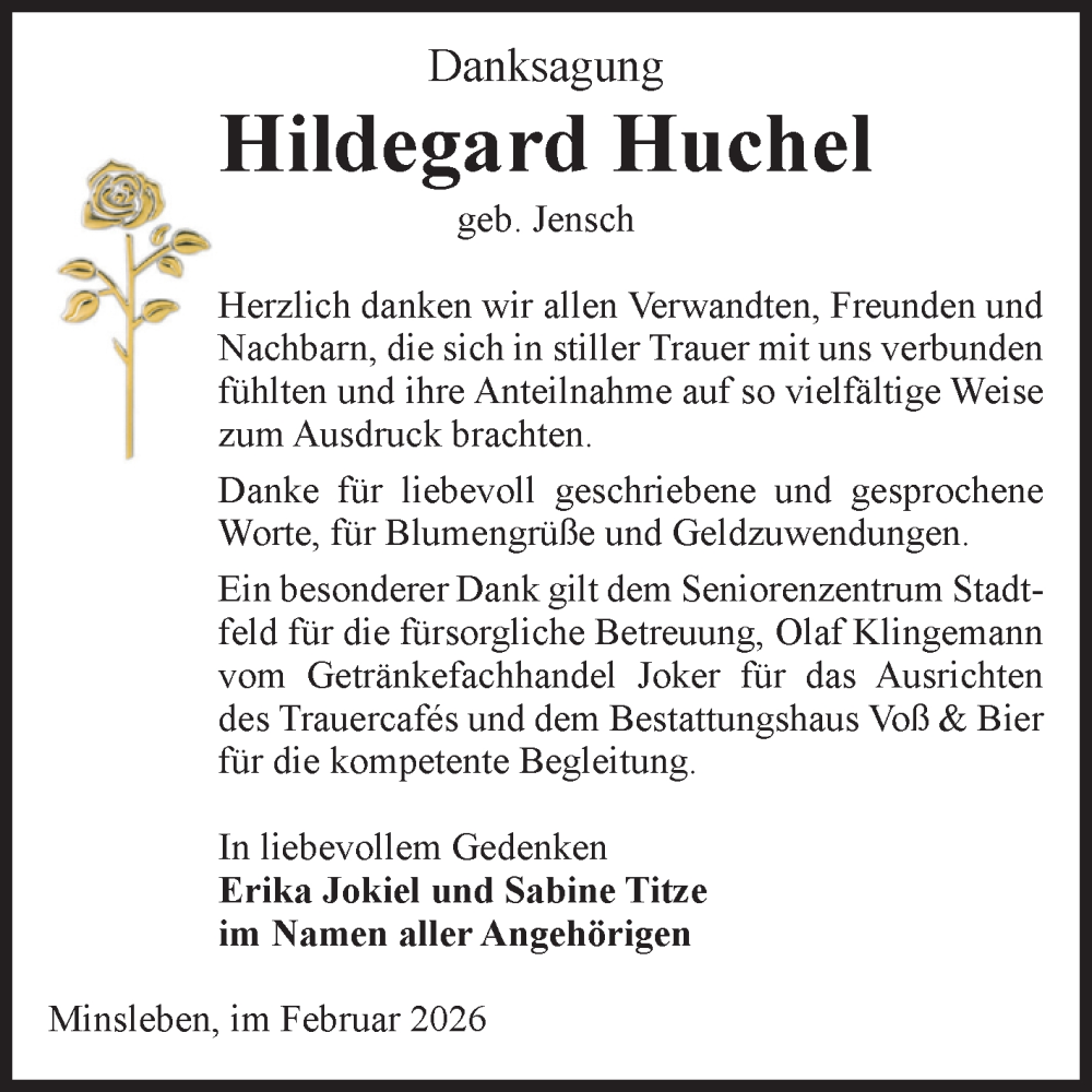  Traueranzeige für Hildegard Huchel vom 14.02.2026 aus Volksstimme Wernigerode