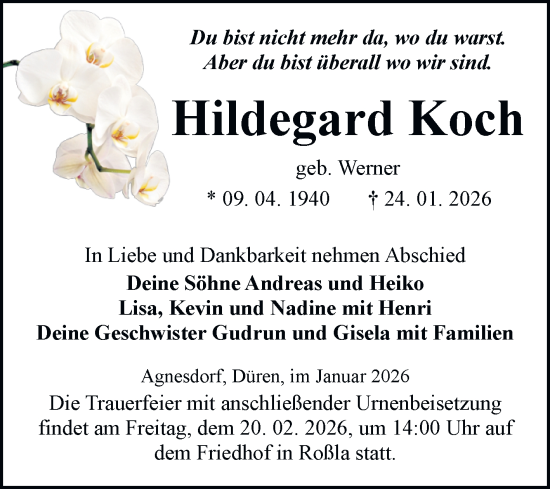 Traueranzeige von Hildegard Koch von Trauerkombi Sangerhausen