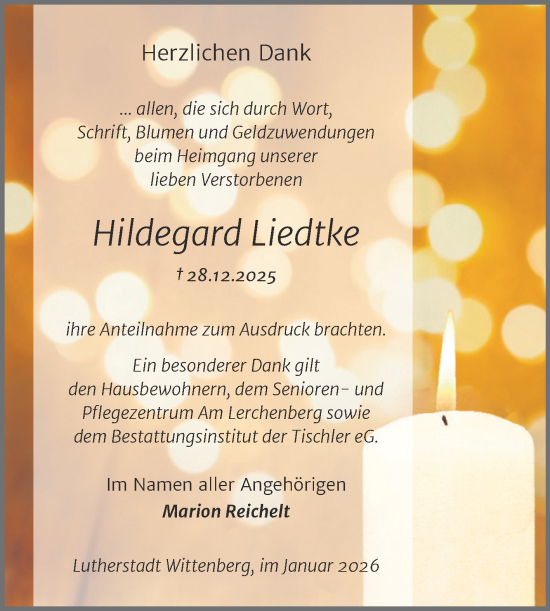 Traueranzeige von Hildegard Liedtke von Trauerkombi Wittenberg