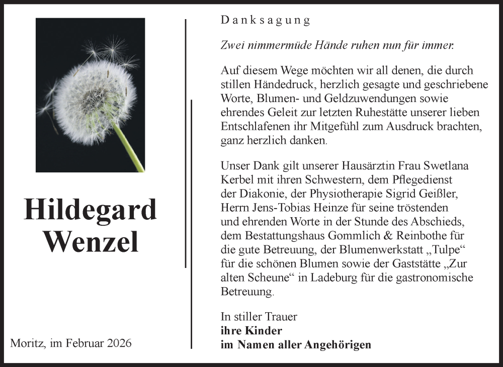  Traueranzeige für Hildegard Wenzel vom 21.02.2026 aus Volksstimme Zerbst