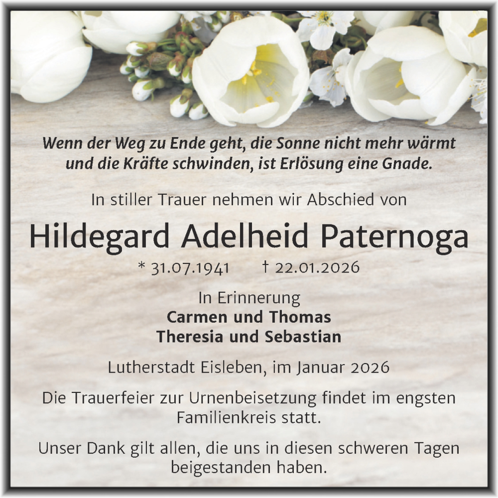  Traueranzeige für Hildegard Adelheid Paternoga vom 07.02.2026 aus Trauerkombi Mansfelder Land
