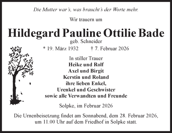 Traueranzeige von Hildegard Pauline Ottilie Bade von Volksstimme Altmark West