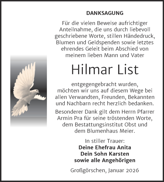Traueranzeige von Hilmar List von Trauerkombi Weißenfels