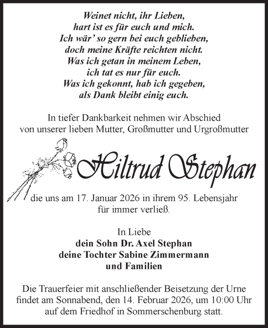 Traueranzeige von Hiltrud Stephan von Volksstimme Oschersleben/Wanzleben
