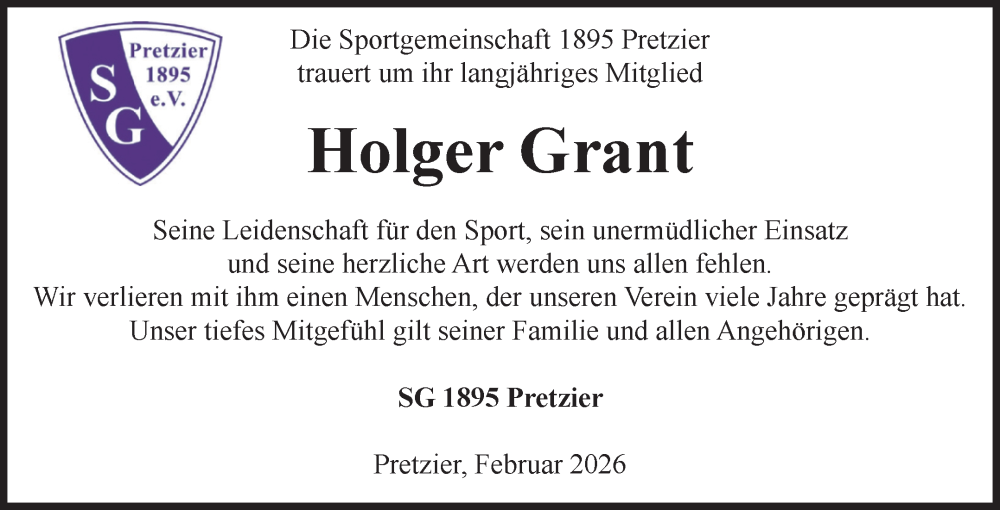  Traueranzeige für Holger Grant vom 28.02.2026 aus Volksstimme Altmark West