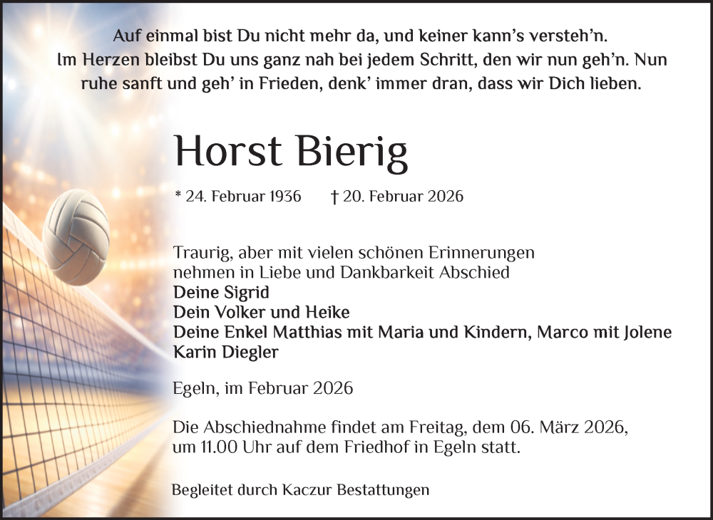  Traueranzeige für Horst Bierig vom 28.02.2026 aus Volksstimme Staßfurt