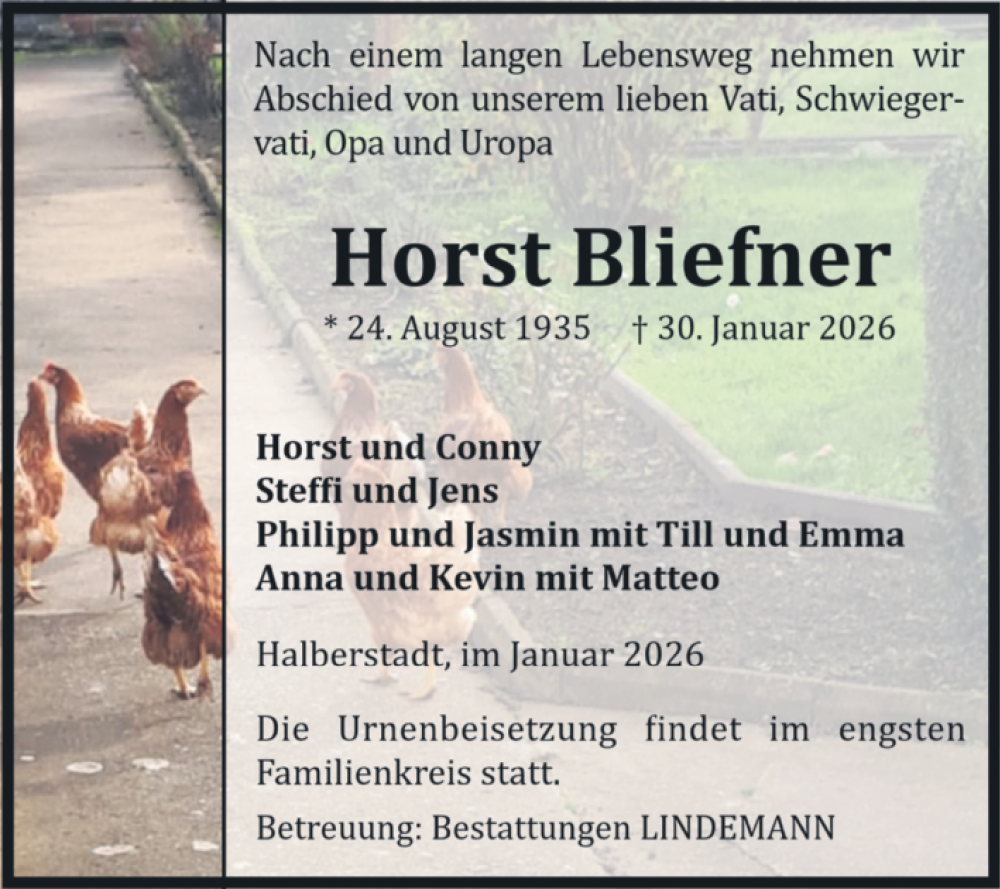  Traueranzeige für Horst Bliefner vom 07.02.2026 aus Volksstimme Halberstadt