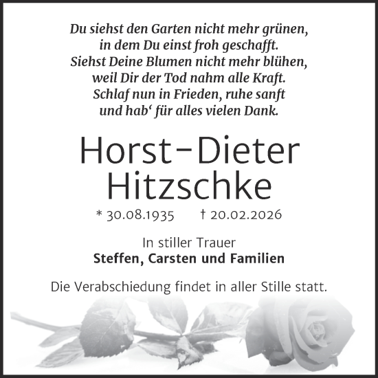 Traueranzeige von Horst-Dieter Hitzschke von Trauerkombi Sangerhausen