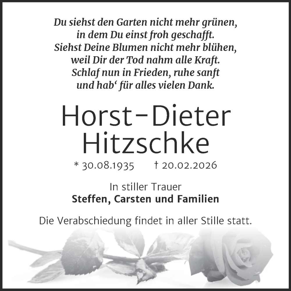  Traueranzeige für Horst-Dieter Hitzschke vom 26.02.2026 aus Trauerkombi Sangerhausen