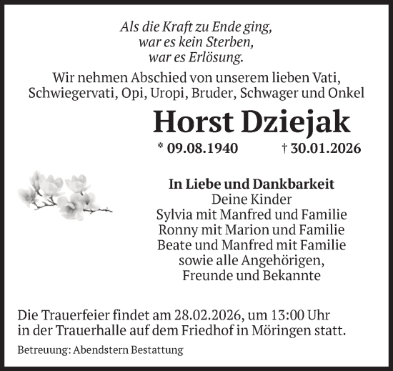 Traueranzeige von Horst Dziejak von Volksstimme Altmark Ost