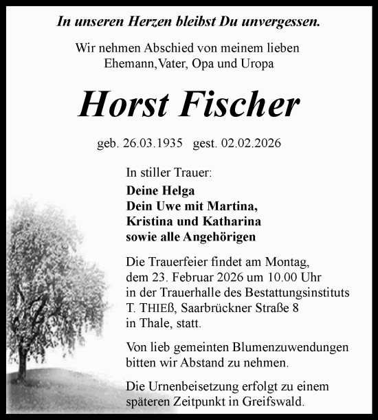 Traueranzeige von Horst Fischer von Mitteldeutsche Zeitung Quedlingburg