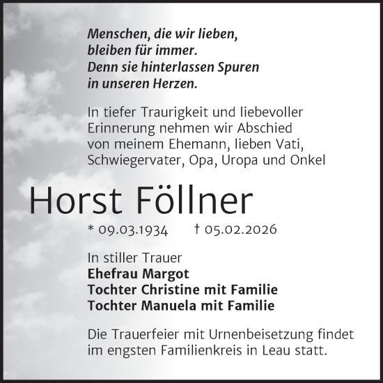 Traueranzeige von Horst Föllner von Trauerkombi Bernburg