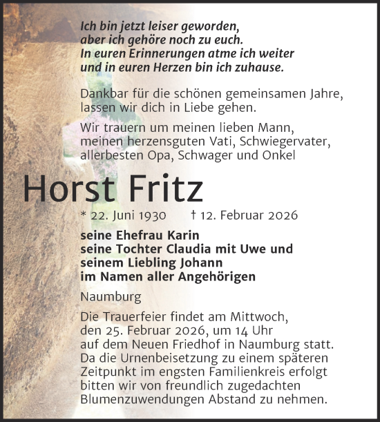 Traueranzeige von Horst Fritz von Super Sonntag Naumburg/Nebra